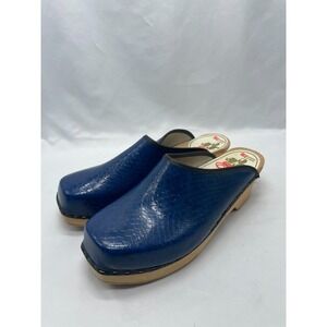 FFC DANISH Design Wood Clogs Womens Size 39 Blue Leather Slip On Wedge Shoes